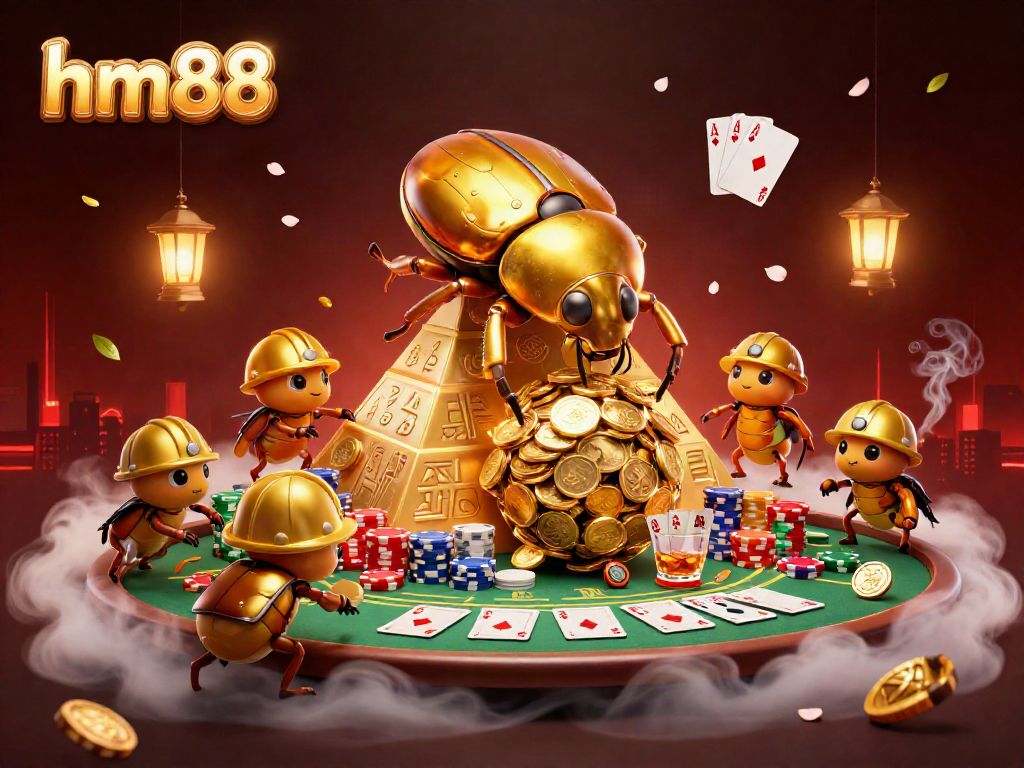 Experience thrilling gameplay with hm88's captivating scene featuring golden beetles and poker elements.