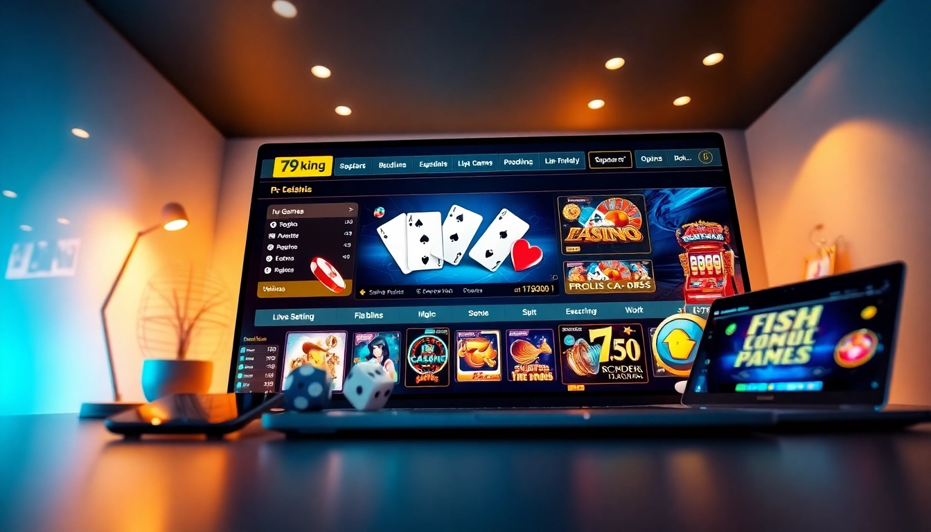 Attraktive Online-Glücksspiel-Oberfläche, die 79king-Casinospiele und Wettoptionen präsentiert.