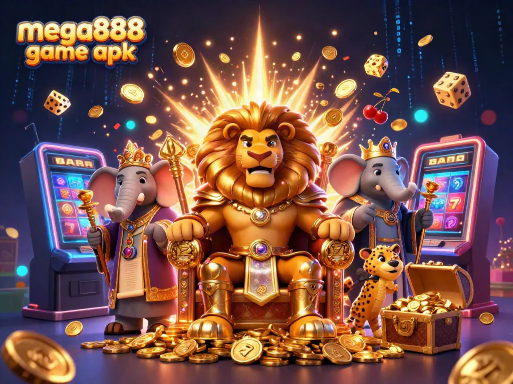 Experience the excitement of the mega888 game apk with a lively illustration of a lion king, elephant advisor, and cheetah messenger.