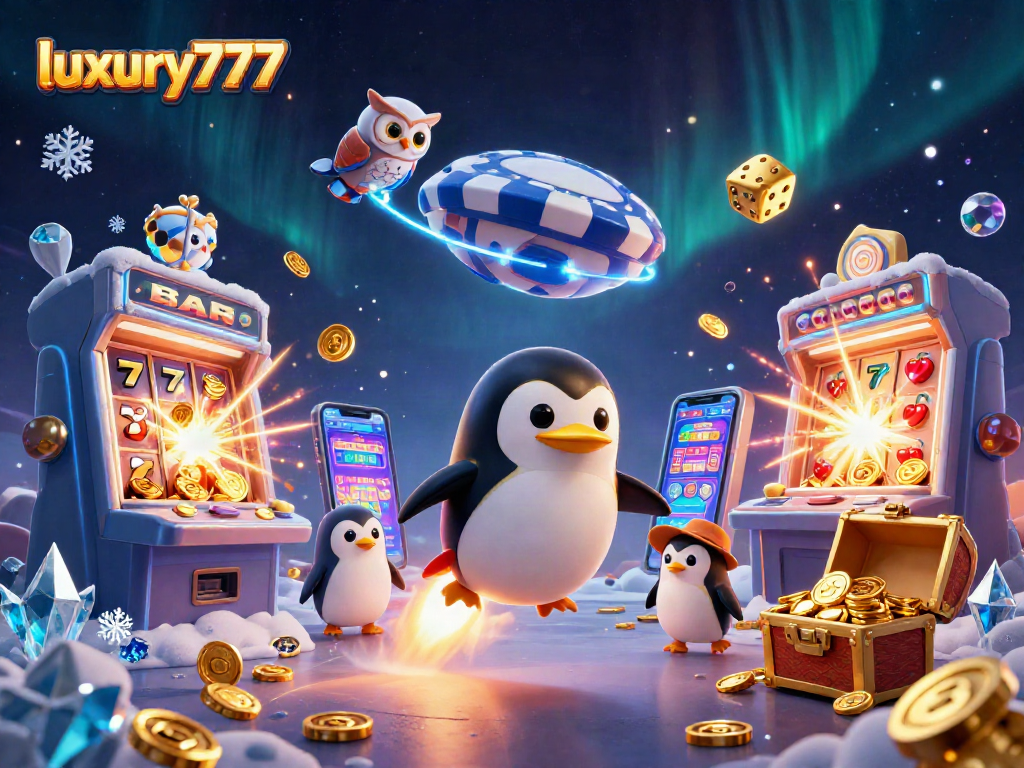 luxury777 menampilkan penguin emas bertenaga roket yang meluncur di angkasa dengan koin emas, dikelilingi mesin slot dan harta karun.