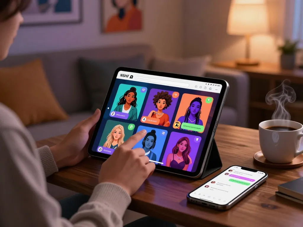 Engaging in NSFW chat with dynamic AI characters on a cozy tablet interface.