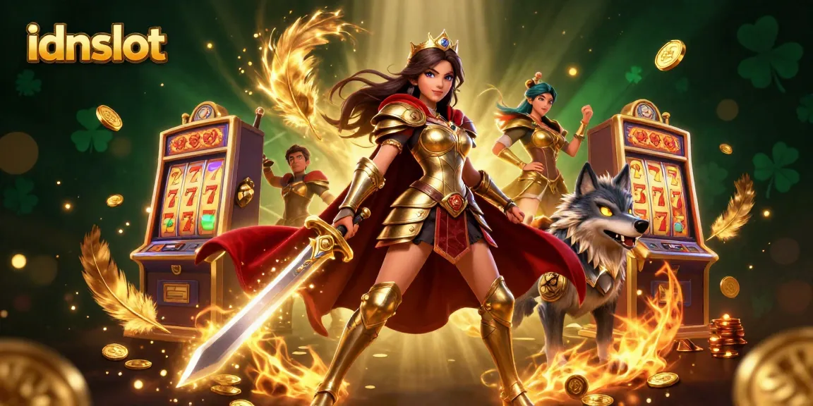 Engage with idnslot's thrilling slot gaming experience featuring a warrior queen and enchanted wolf.