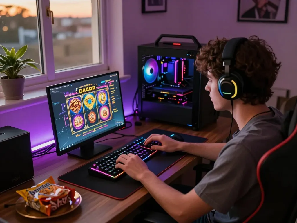 Engaged player experiencing slot gacor excitement on a laptop in a vibrant gaming setup.