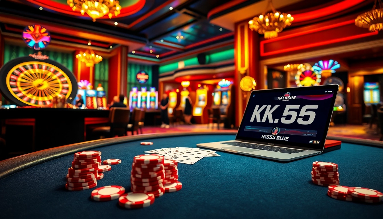 Engage thrilling casino action with KK55.blue showcasing poker chips and a roulette wheel.