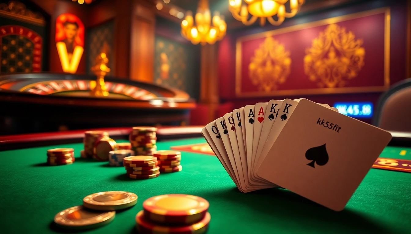 Place your bets at an upscale casino featuring a poker table, roulette wheel, and digital interface on kk55.fit.