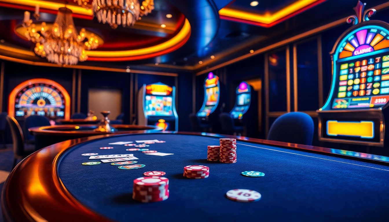 C168 poker scene showcasing a luxurious table, colorful chips, cards, and vibrant slot machine.