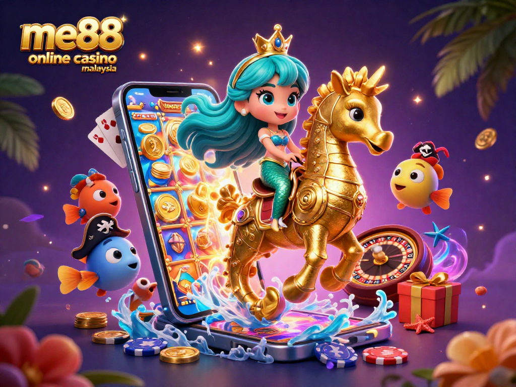 Engage with me88 online casino malaysia through a vibrant mermaid-themed illustration featuring gaming excitement.