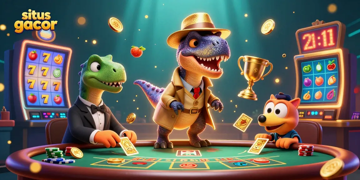 Situs gacor reveals an entertaining scene with a velociraptor card counter at the blackjack table.