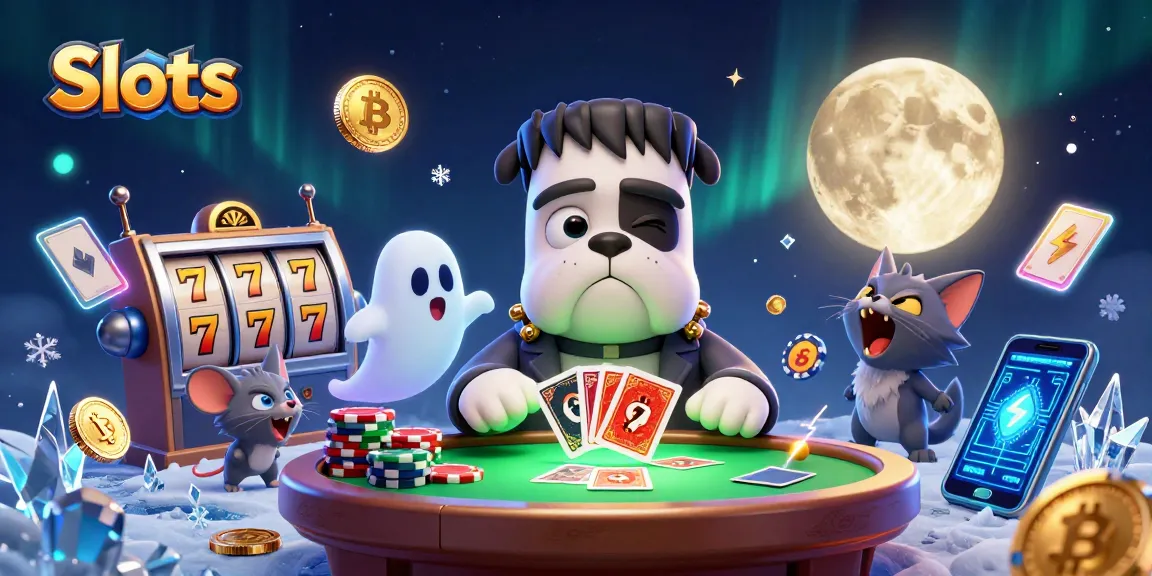 Enjoy thrilling Slots action with a cartoon Frankenstein bulldog dealer and jackpots!