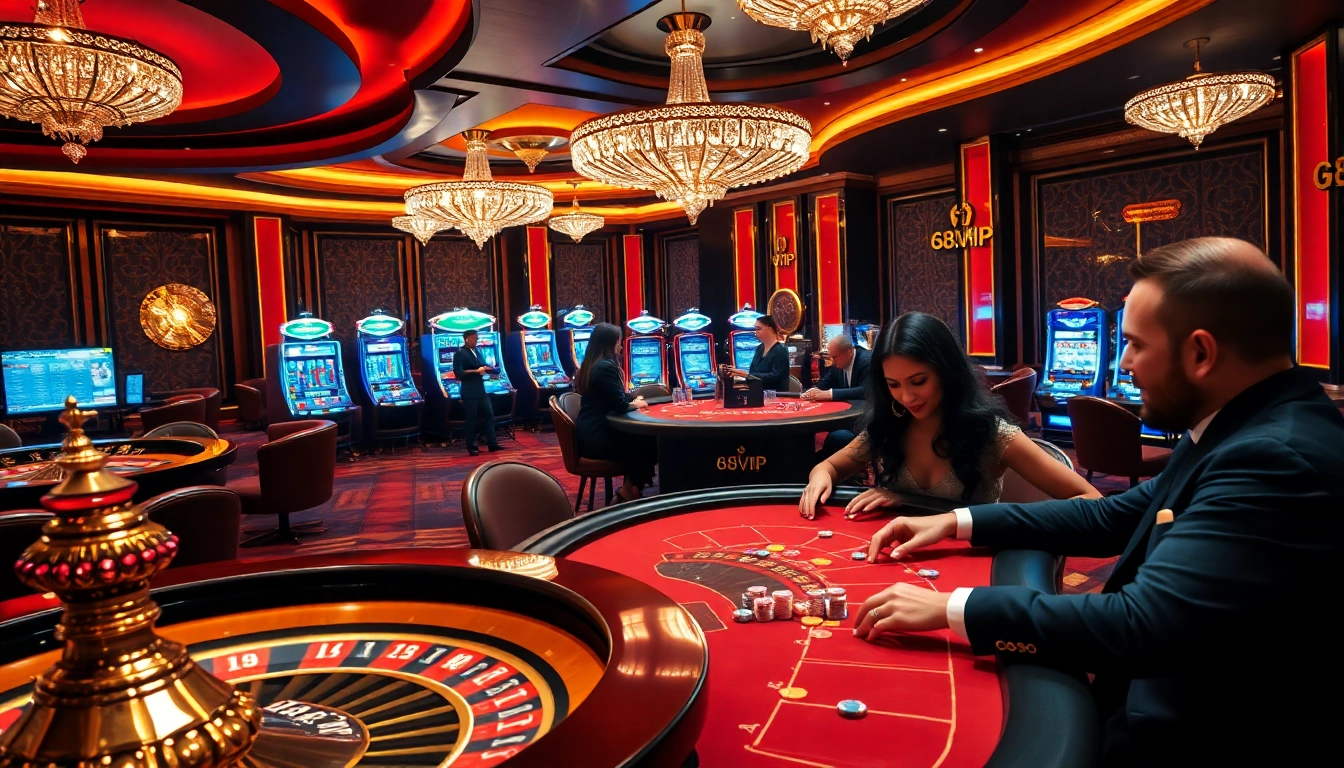 Exciting poker game at 68VIP casino showcasing high-value chips and luxury decor.