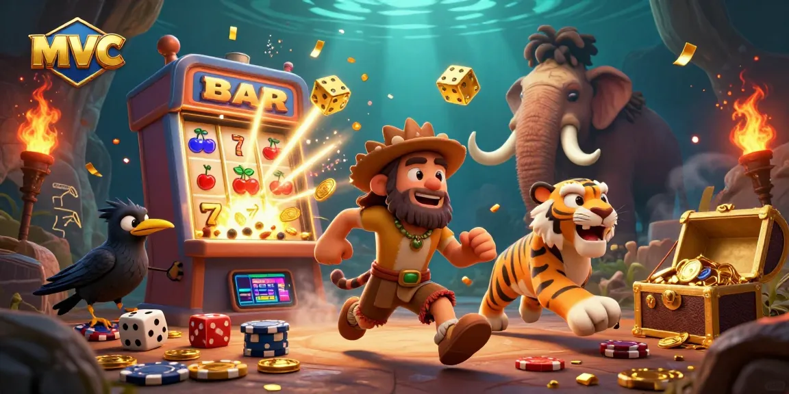 Engage in thrilling casino action at mvc with a vibrant prehistoric scene featuring cavemen and slot machines.