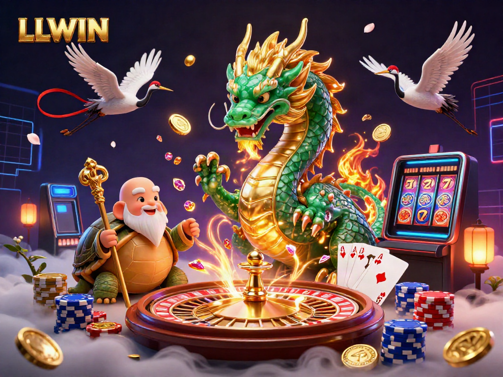 Experience LLWIN's vibrant gaming universe featuring an emerald dragon, coins, and a roulette wheel.