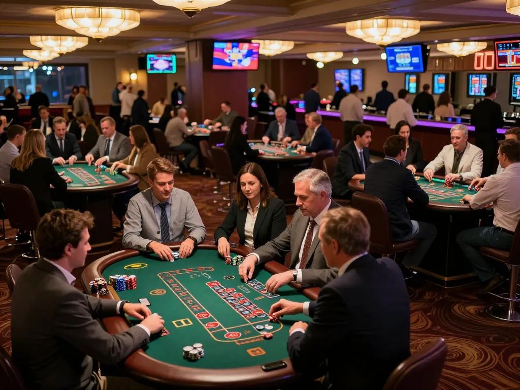 CasinoAtlas showcases players enjoying high-stakes blackjack and roulette games in a lively casino.
