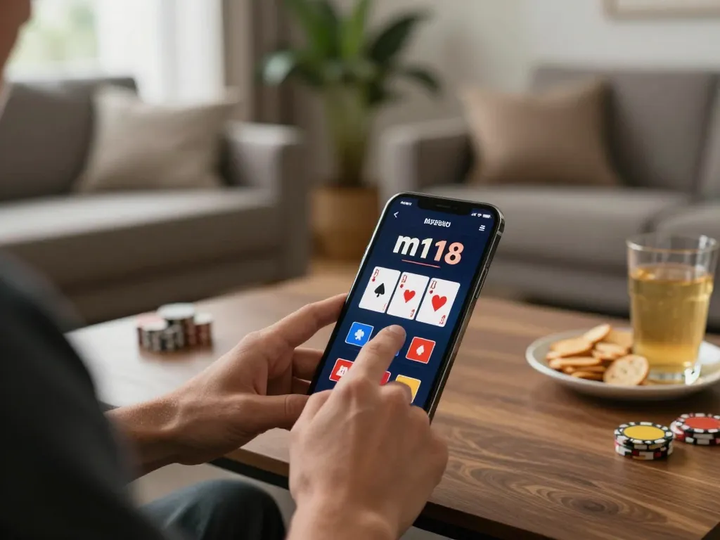 Engaging with m118 poker game on a mobile app during a cozy home gaming session.