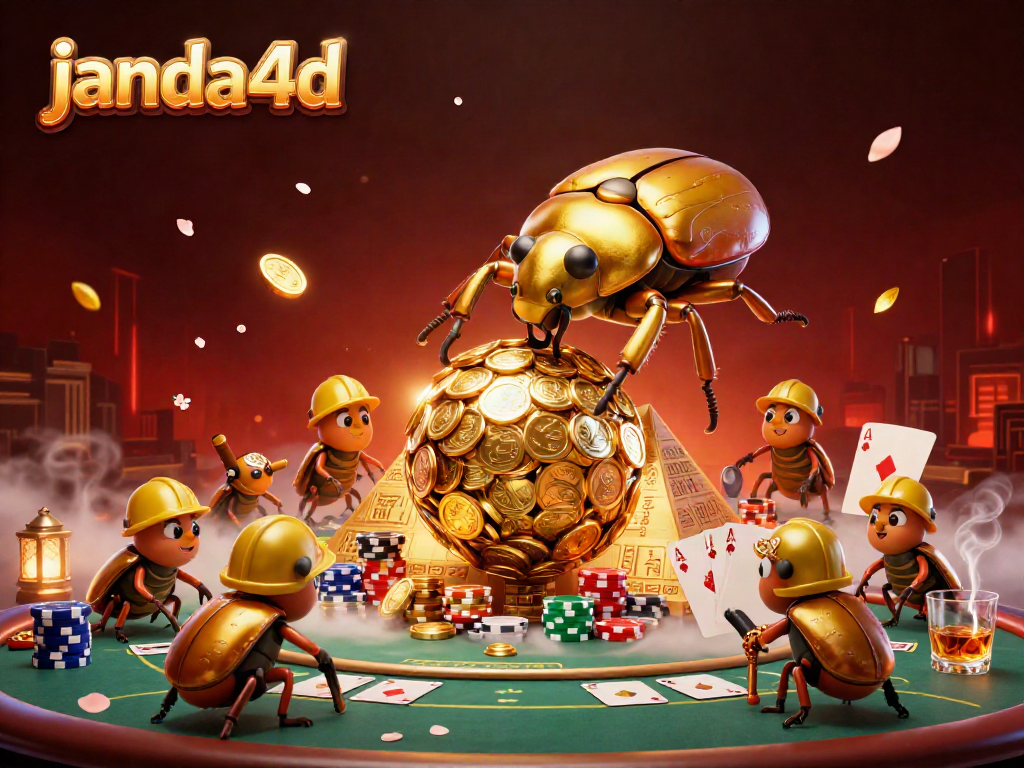 Permainan janda4d dengan simbol kasino yang megah dan karakter unik di latar belakang.