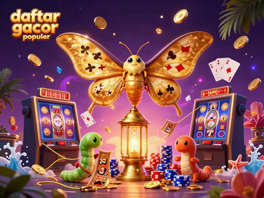 Gambar "daftar slot gacor populer" dengan simbol mesin slot, koin emas, dan kombinasi kartu