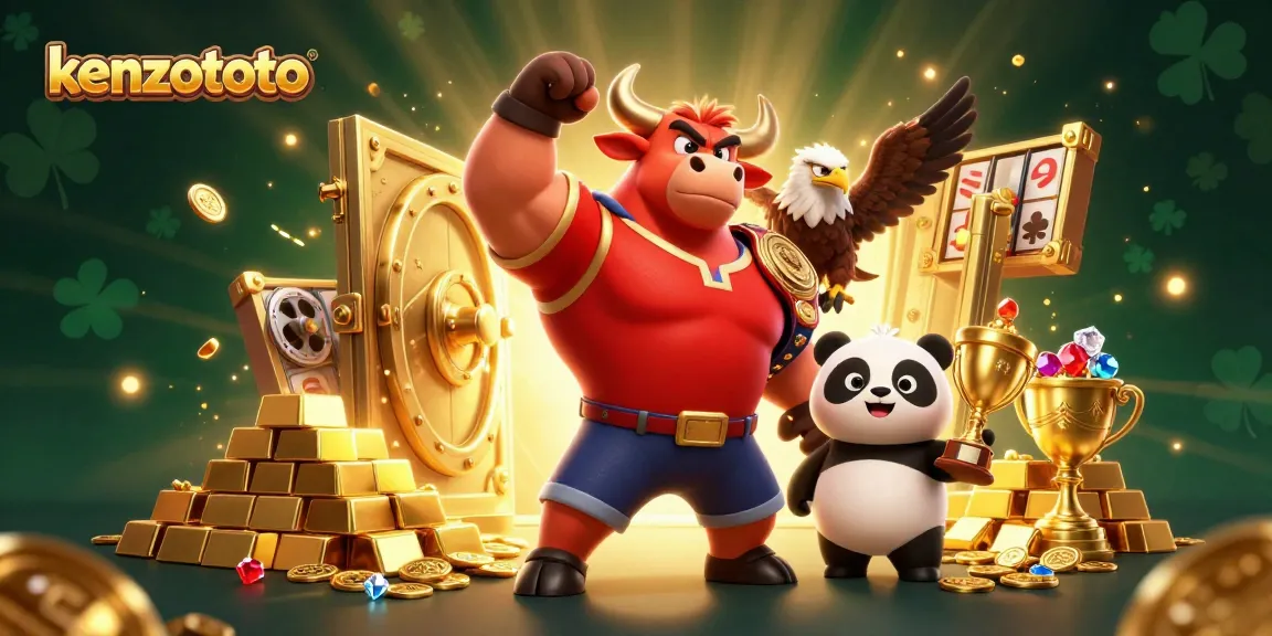 Kenzototo shows dynamic gaming excitement with a muscular bull mascot, eagle, and cheerful panda scoring big wins