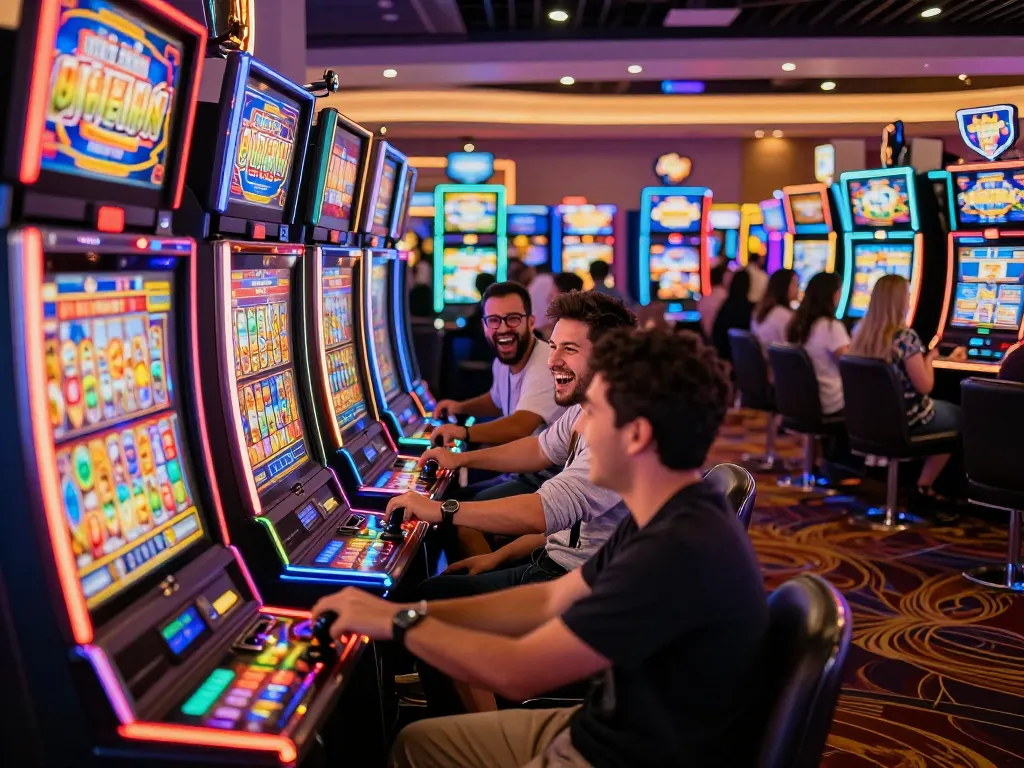 Players celebrating wins at exciting link slot machines in a colorful casino atmosphere