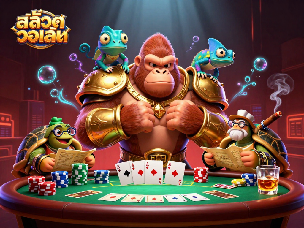 Spin and win at สล็อตวอเลท while powerful characters dominate the gambling scene, filled with excitement.