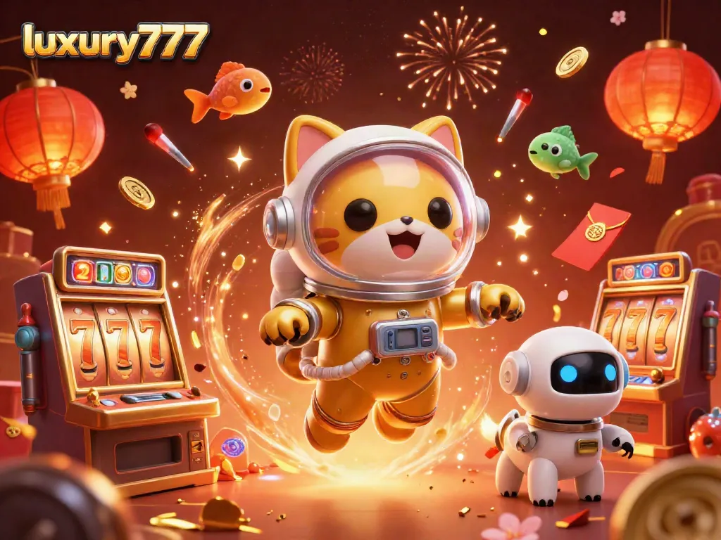 Spin luck at luxury777 with a lively casino-themed scene of characters amidst magical gaming elements.
