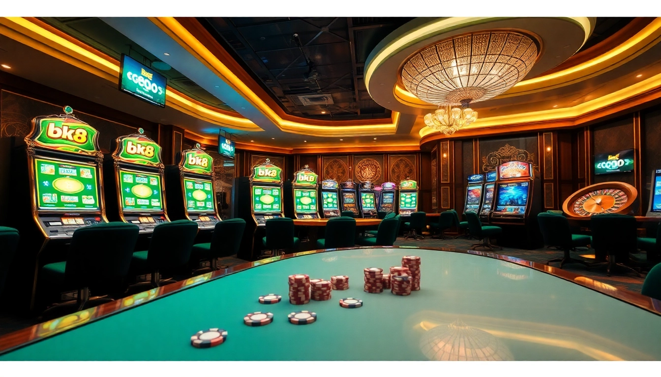 Experience the thrill of bk8 สล็อต at a luxurious casino filled with slot machines and vibrant gaming action.