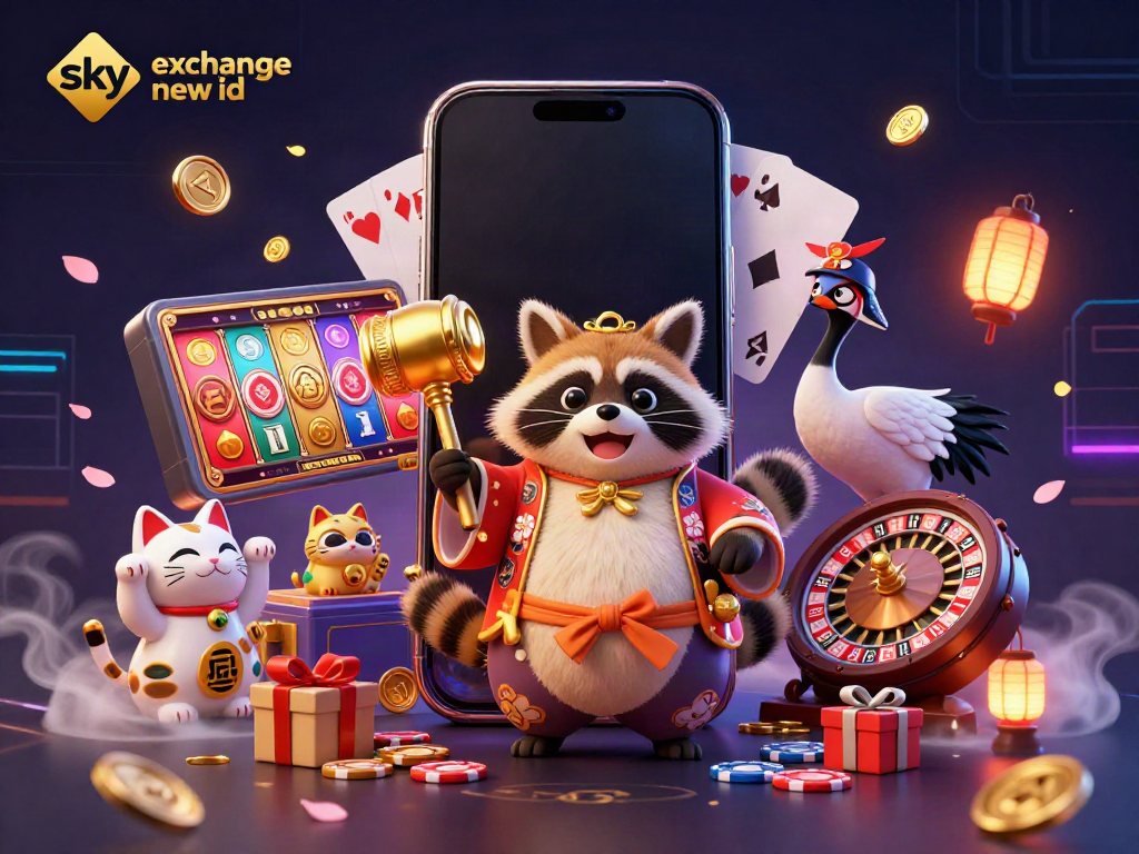 Engage in the thrill of betting with your sky exchange new id, surrounded by vibrant casino elements and cheerful characters.