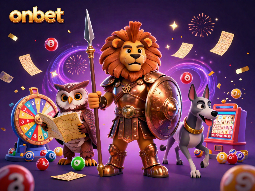 Join the fun at ONBET with a vibrant 3D casino scene highlighting exciting lottery and gaming elements.