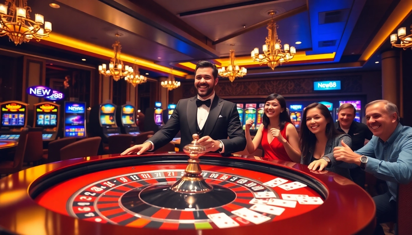 Experience thrilling gameplay at New88 with vibrant casino tables, poker cards, and lively players.