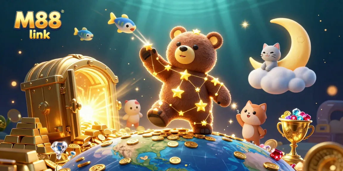 Experience M88 link gameplay excitement with a golden constellation bear scooping coins in a vibrant casino scene.