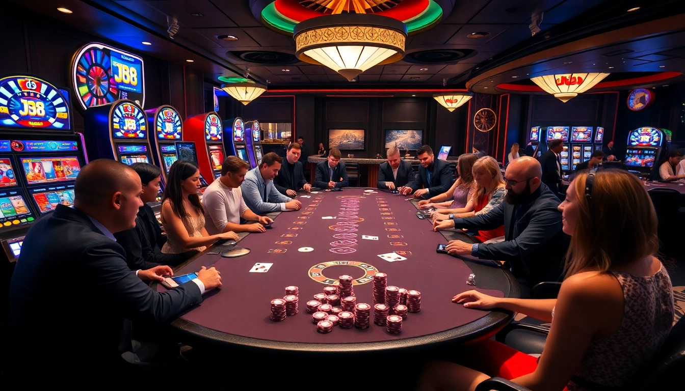 J8 casino scene with enthusiastic players betting at a modern gaming table.