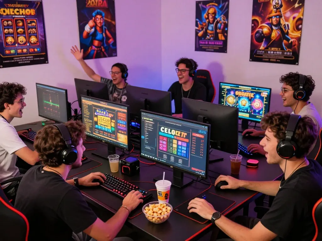 Suasana permainan yang menarik dengan teman-teman menikmati permainan slot online gacor bersama, atmosfer yang hidup dan setup yang mengasyikkan.
