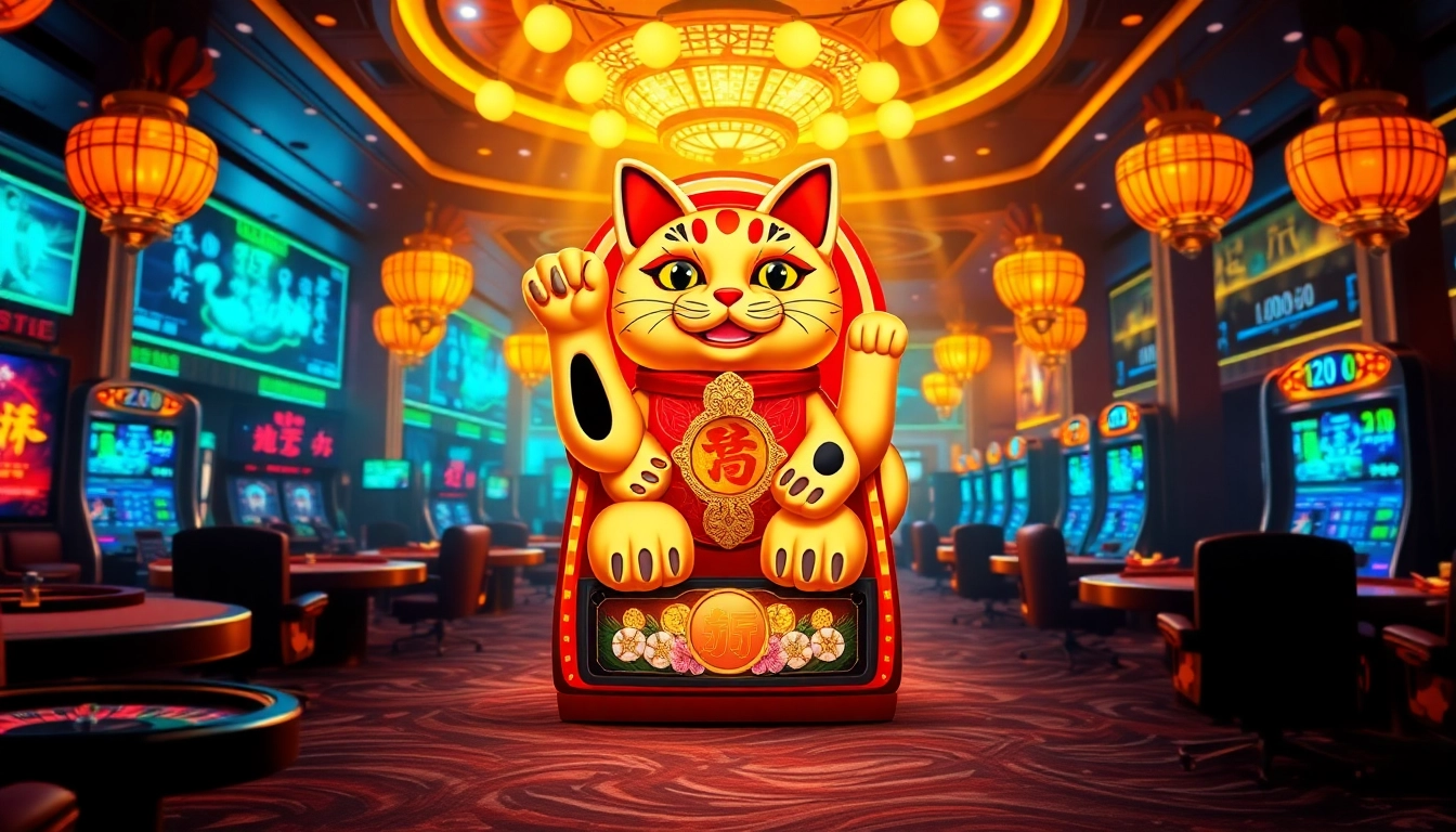 Players enjoying the Lucky Neko PG Soft รีลขยาย slot machine at an upscale casino, highlighting vibrant reels and lucky symbols.