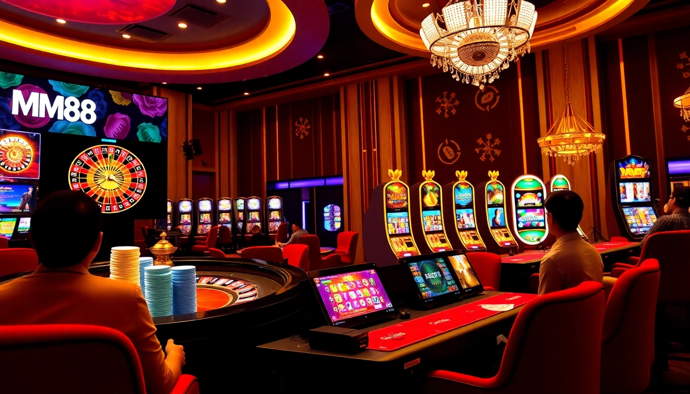 MM88 gaming scene with roulette wheel, poker chips, and slot machines in a luxurious casino setting