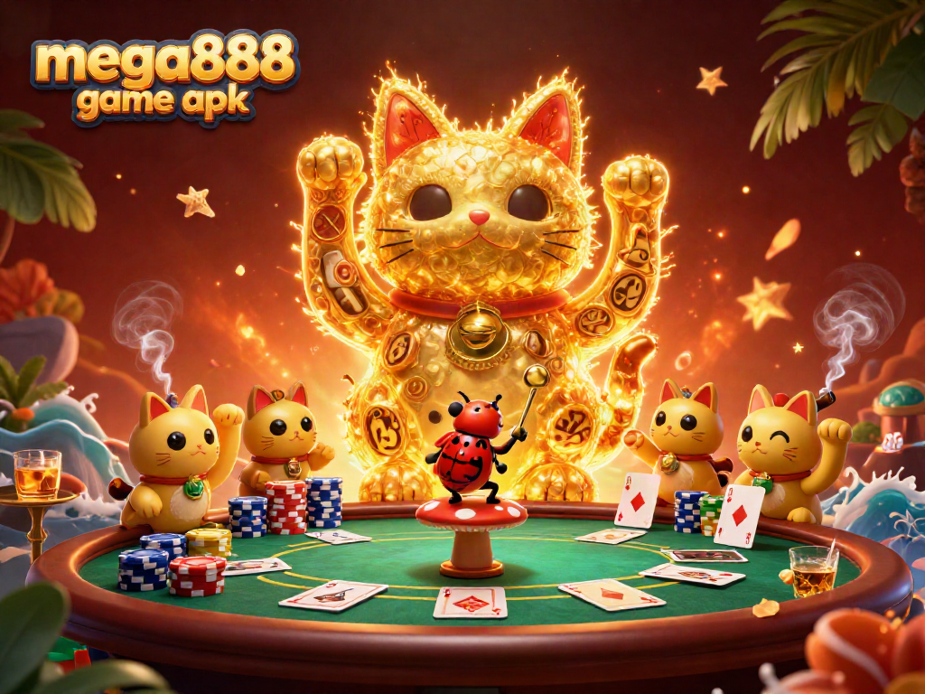 Experience winning adventures in the mega888 game apk, featuring a vibrant casino scene with a lucky cat and poker elements.