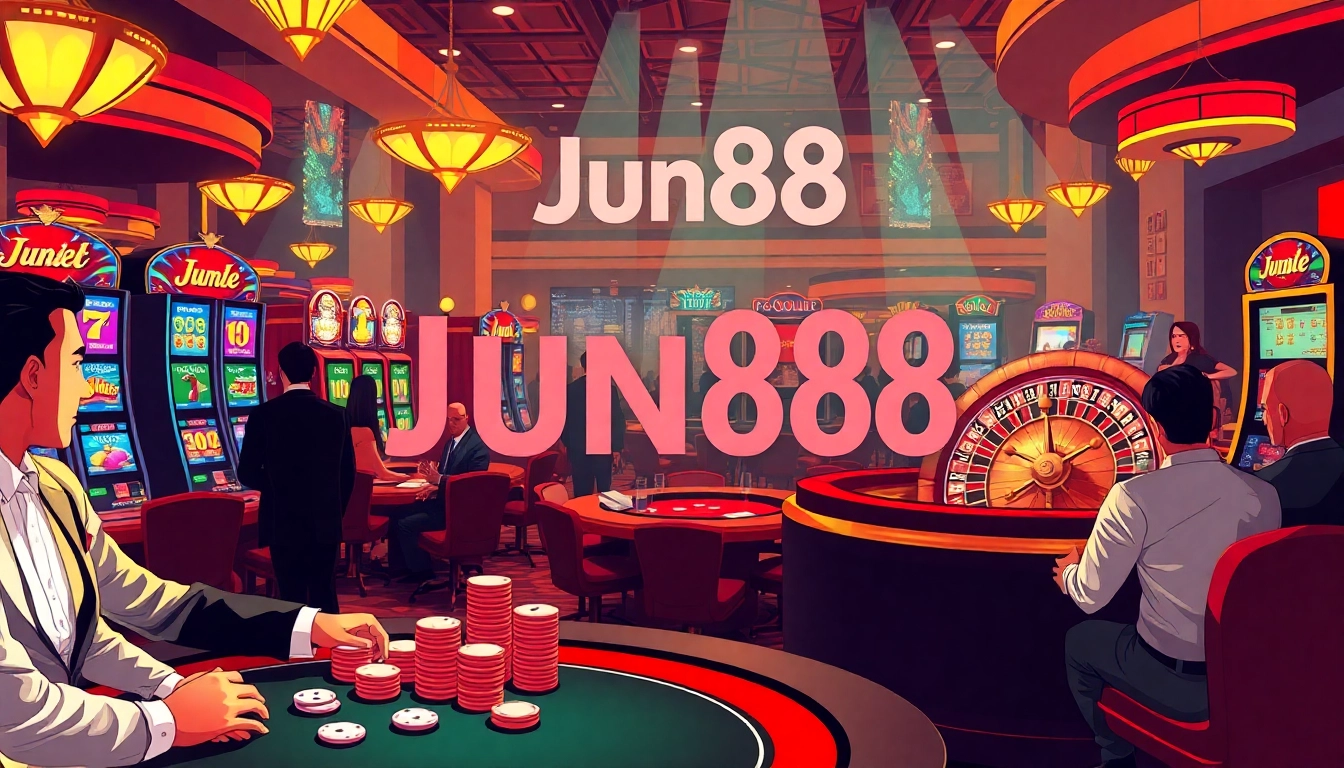Experience the thrill at Jun88 with players competing at poker tables amidst lively casino action.