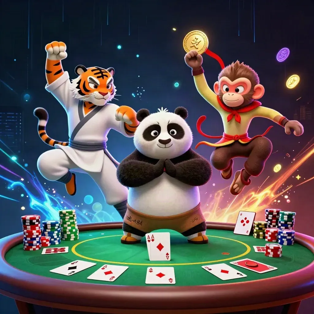 Tiger, panda, and monkey kung-fu pose around a glowing poker table with chips and cards.