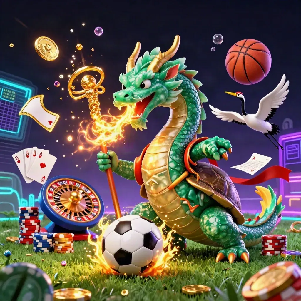 Emerald dragon, turtle sage, and cranes amid a soccer-ball blast, coins, chips, and neon casino glow.