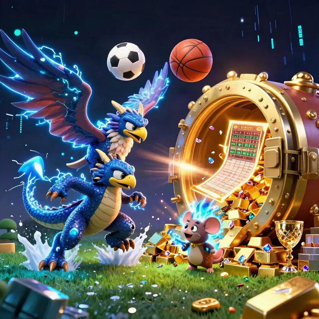 Thunder dragon, wind hawk, and static mouse amid casino gold, sports balls, and neon lightning.