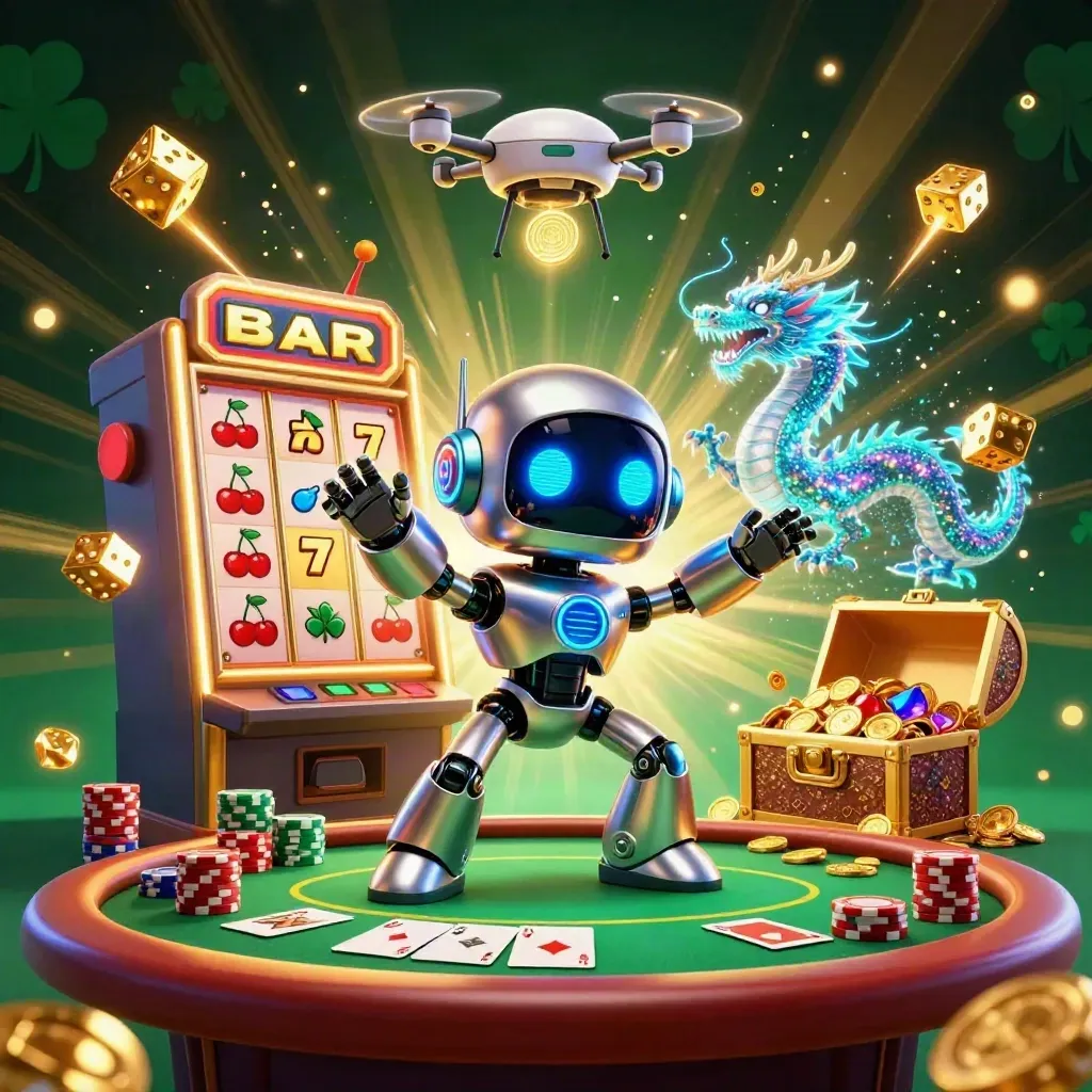 Cyberpunk robot, hologram dragon, and coin drone exploding in gold casino light.