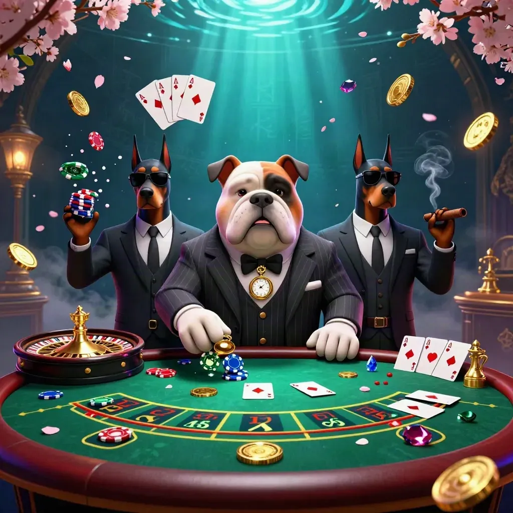 Bulldog boss and Doberman guards at a luxe casino table with chips, cards, and glowing lights