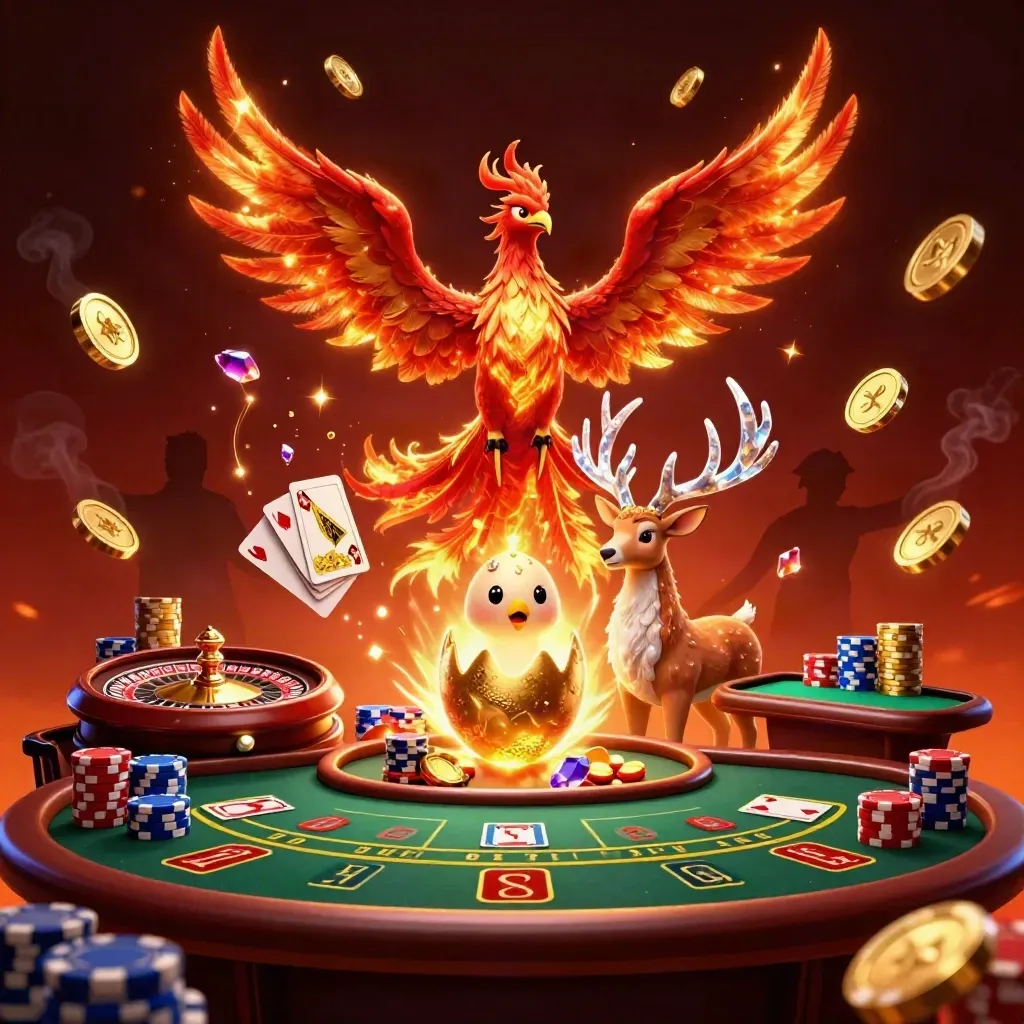 Fire phoenix, baby phoenix, and crystal stag in a luxe casino scene with coins, gems, and roulette wheel.