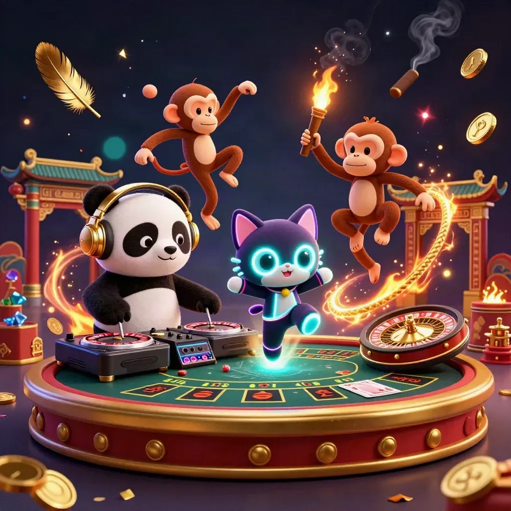 DJ panda, dancing monkey, and glow-stick kitten in a luxe casino scene with gold and neon energy.