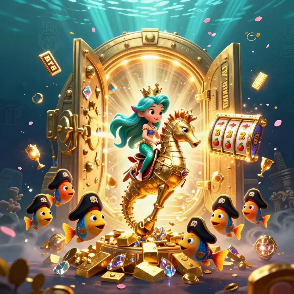 Mermaid princess on armored seahorse amid treasure, gems, and casino magic underwater