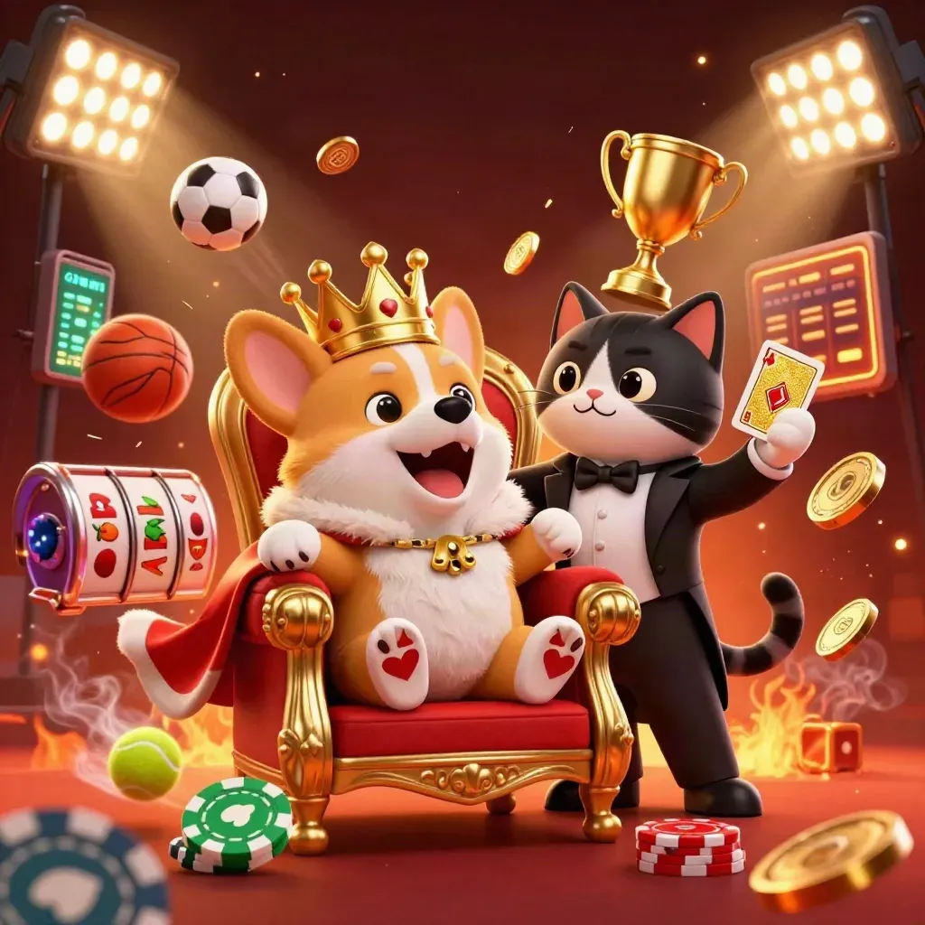 Royal corgi and cat butler amid jackpot chips, balls, coins, and fiery casino energy.