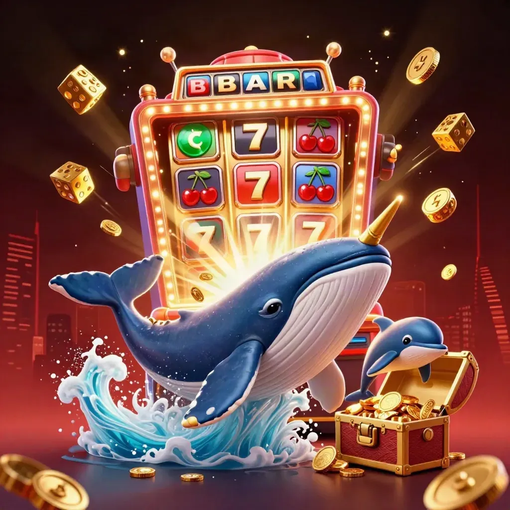 Whale captain, narwhal, and dolphins burst from coins with jackpot slot effects and gold glow.