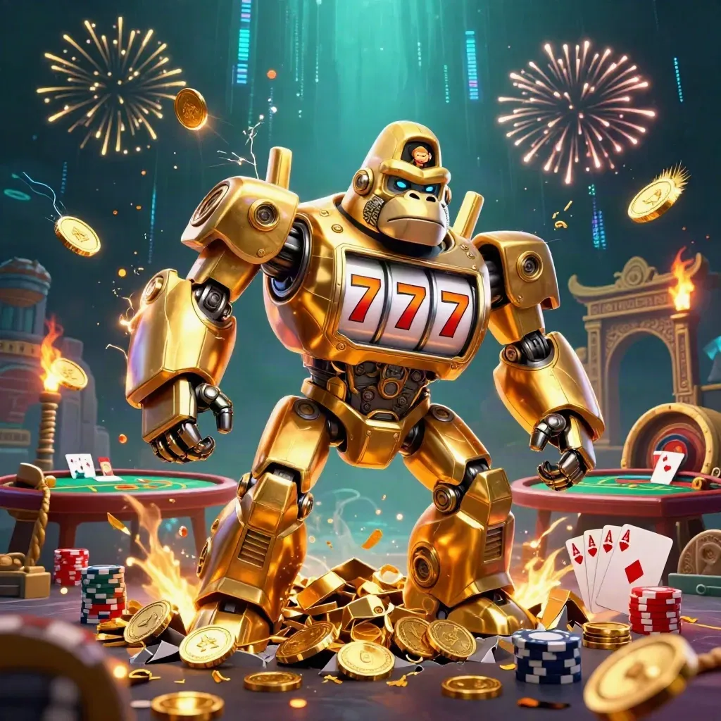 Golden gorilla slot mech with monkey pilot bursting coins, firework vault, poker chips, and temple gate.