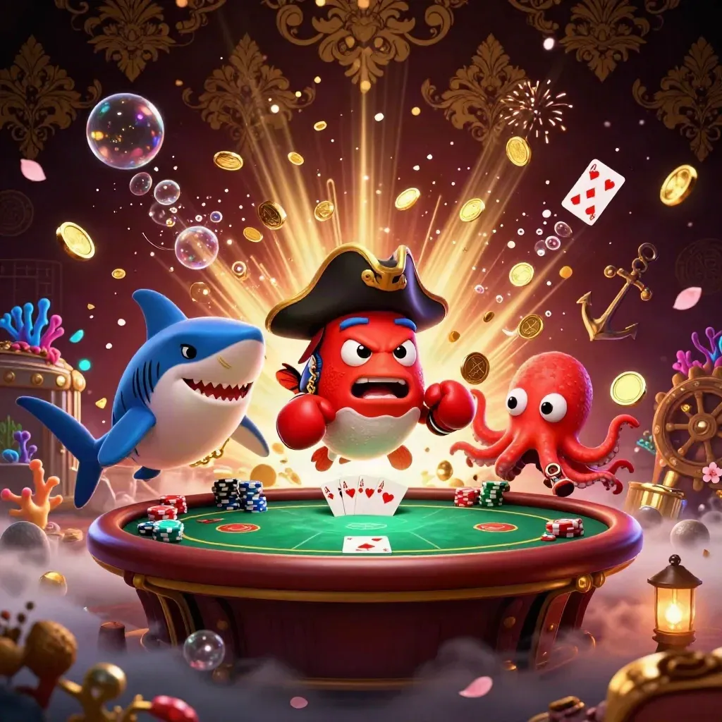 Pirate shark, boxing pufferfish, and coin-juggling octopus amid vault gold, cards, chips, and fireworks.