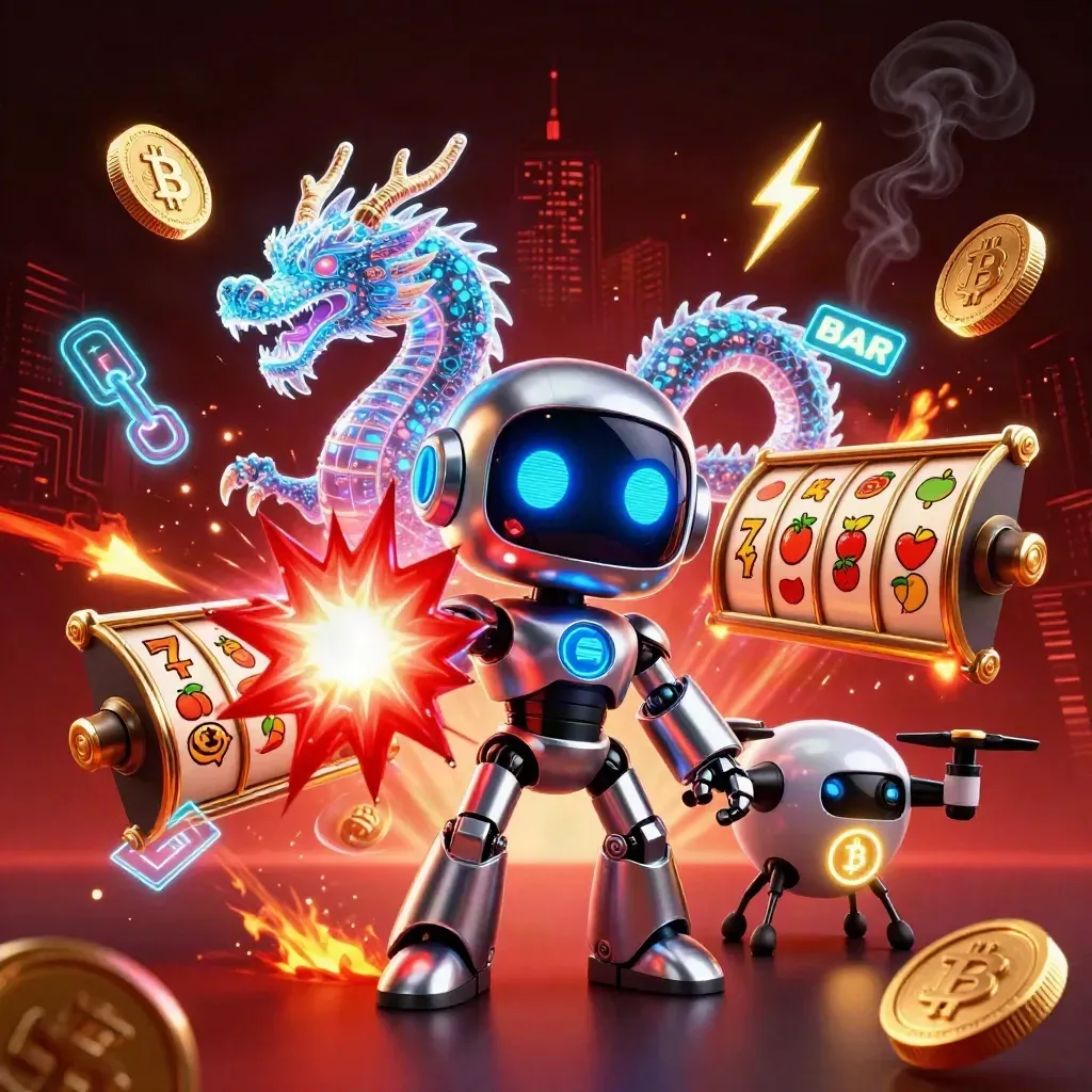 Cyberpunk robot, holographic dragon, and coin drone amid casino coins, reels, and red neon energy.