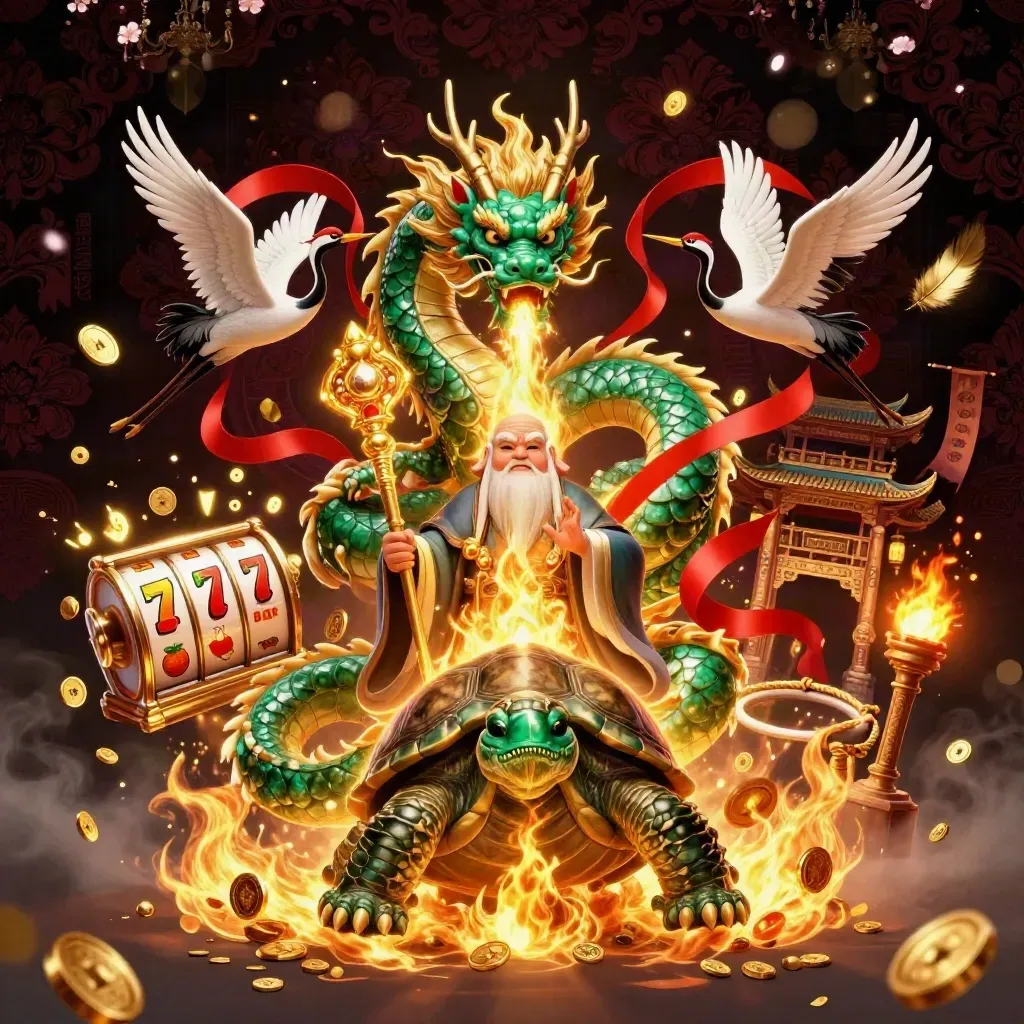 Emerald dragon, turtle sage, and cranes amid casino gold, reels, and temple lights.