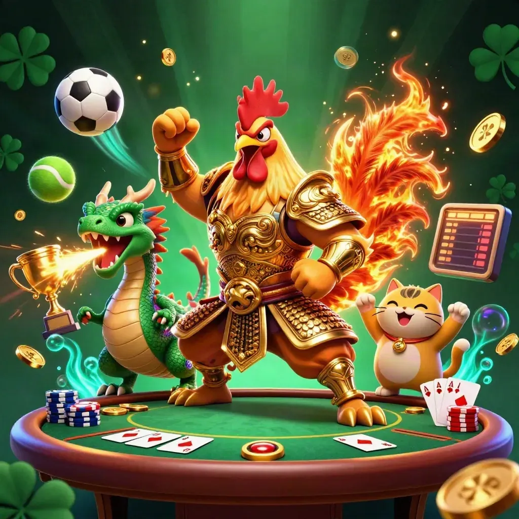 Rooster samurai, dragon hatchling, and fortune cat amid casino trophies, chips, coins, and neon lights.